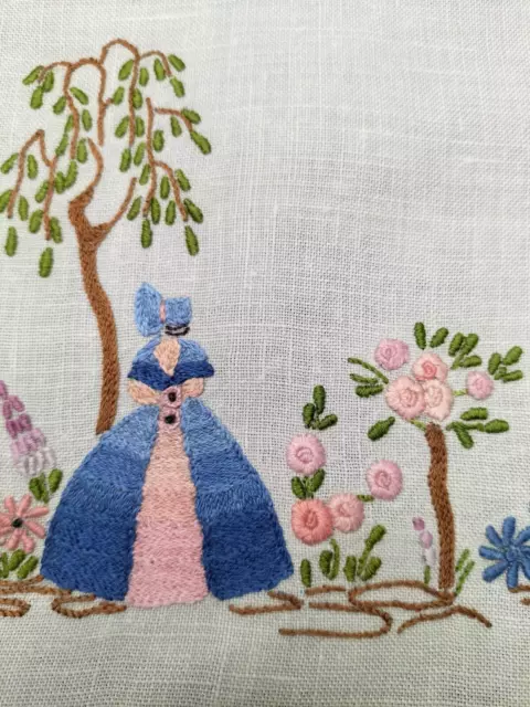 Stunning Blue/Pink Crinoline Lady  Vintage Hand Embroidered Centre/mat 2