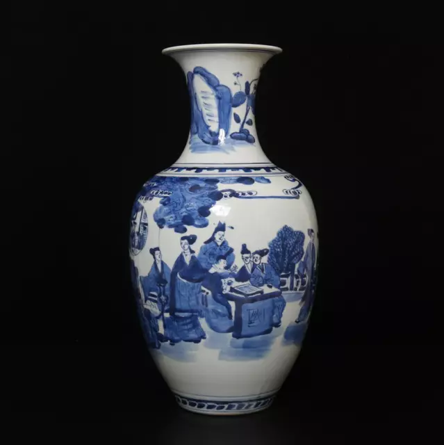 39CM Kangxi Signed Old Chinese Blue & White Porcelain Vase w/figure