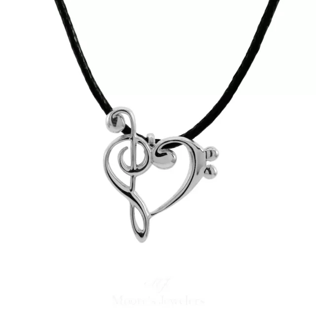 .925 Sterling Silver Treble and Bass Clef Heart Necklace w/ Adjustable Cord