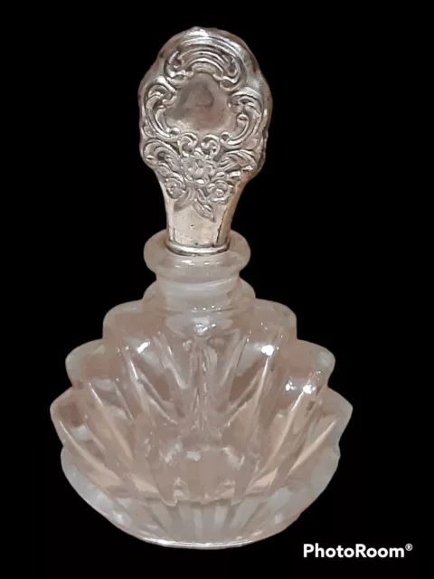 Vtg Art Deco Clear Glass Perfume Bottle w/ Silver Plated Stopper Fan Peacock 4"