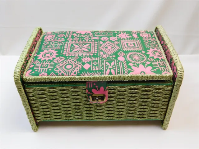 Vtg Tiki MOD Green & Pink Woven Plastic Wicker Sewing Basket 14.25" x 7.75"