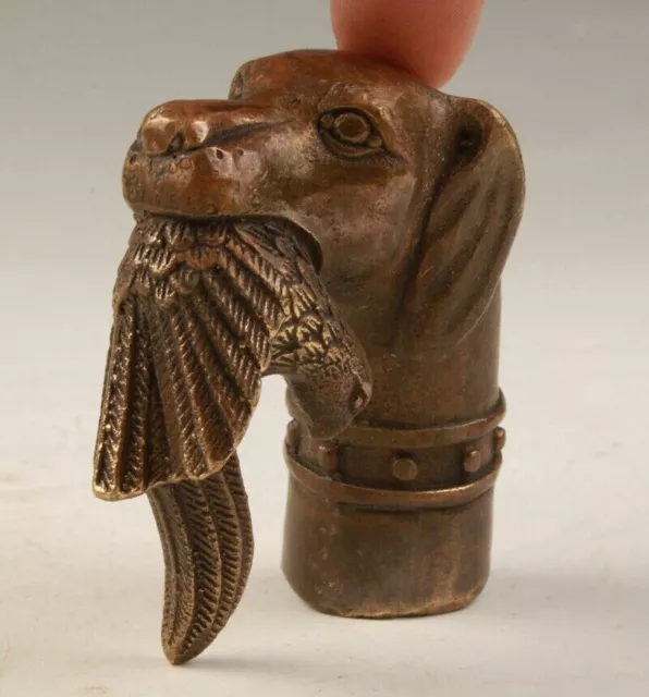 Rare Victorian Old Bronze Hand Carved Dog Bite Bird Statue Walking Stick Head