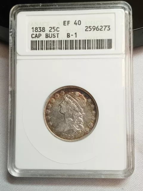 TONED 1838 Capped Bust Silver Quarter 25C EF40 XF40 ANACS *OLD HOLDER*