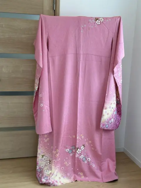 Furisode Kimono Japan Floral Pattern Long-Sleeved Kimono Pure Silk Pink