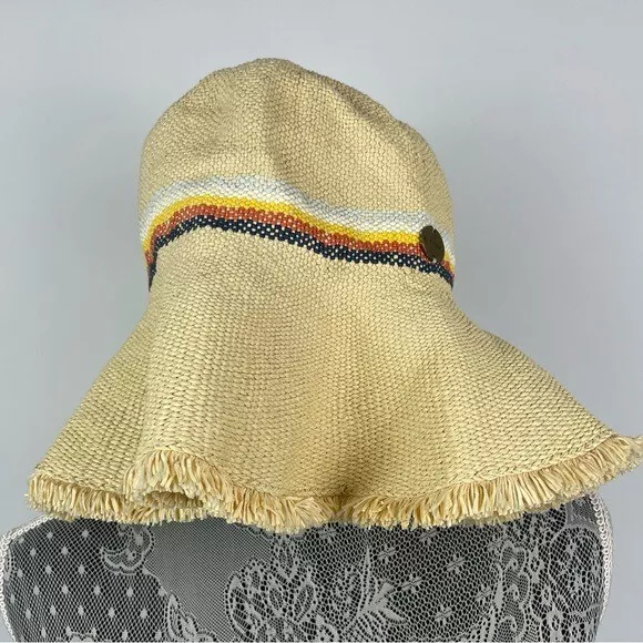 Rip Curl Yellow Woven Paper Straw Floppy Sun Hat with Retro Stripes SIZE S 3