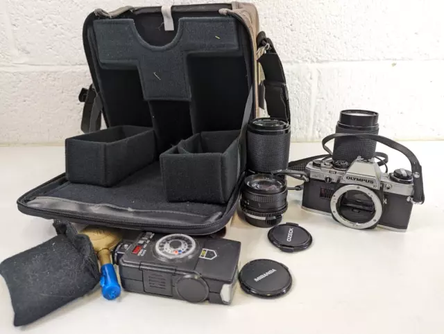 Vintage Olympus OM10 SLR Film Camera Bundle w Lenses / Miranda / Camera Bag etc