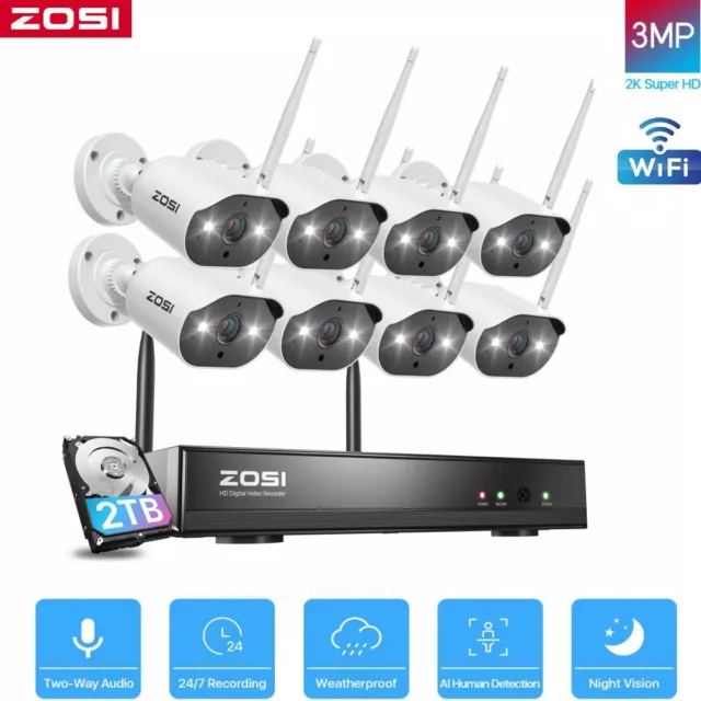 ZOSI 8CH 2K NVR 3MP IP Home Wireless Security Camera System IR Night 2-Way Audio