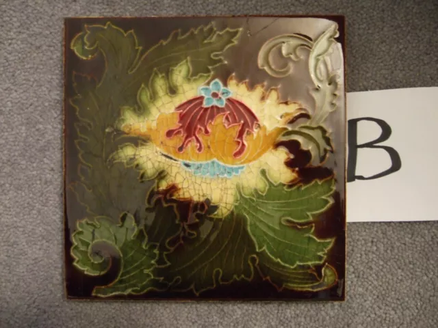 Antique Mintons 6" Moulded Majolica Art Nouveau Ceramic Tile