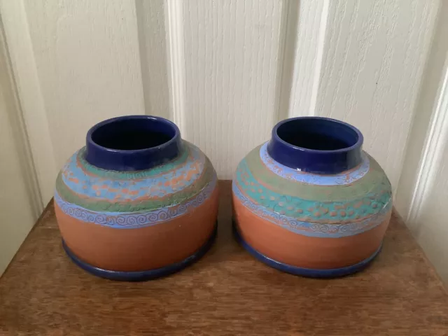 Vintage Pair Of Handmade Terracotta Cobalt Blue Glazed Vases