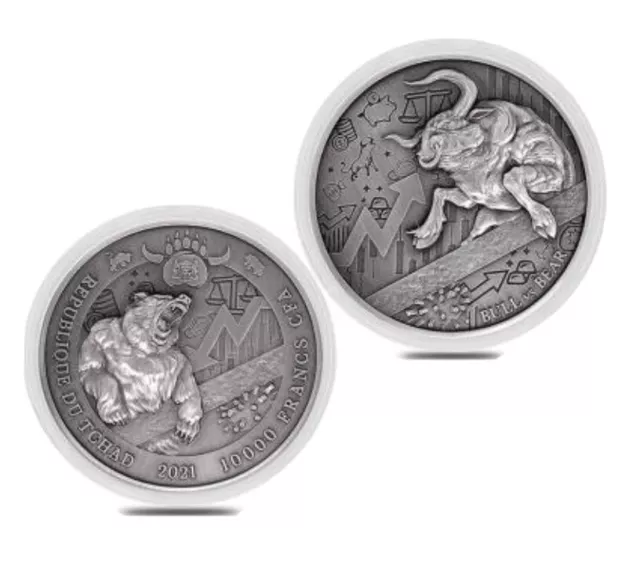 2021 CHAD 2 oz Silver Bull vs Bear Pandemic Antiqued High Relief Coin