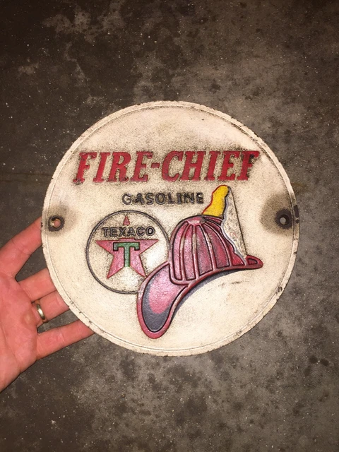 Texaco Fireman Motor Oil Sign Gas Coal Cast Iron Plaque Fire Chief Firefighter
