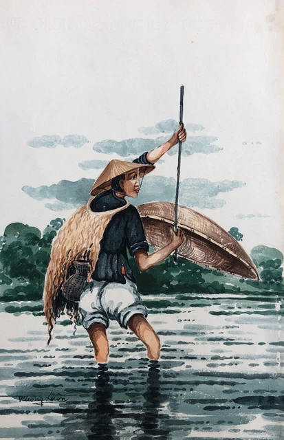 Acuarela vietnamita antigua, Firma para identificar, Artes asiáticas, XX