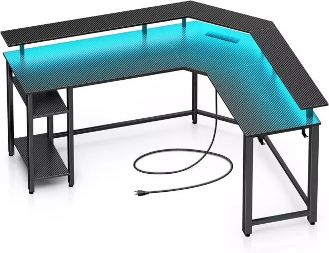 55.1" Computer Desk with Power Outlets & USB Ports, LED Strip, Gaming Shelf