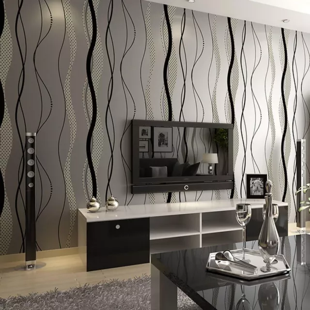 10M Wave Striped Wallpaper Stripe Curve Feature Grey Wall Bedroom Livingroom