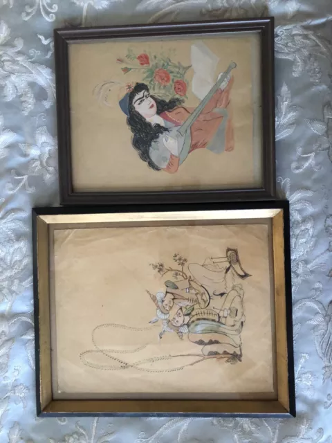 2 Antique Persian Hand Painted, Glass Framed. 12.5 X 10.5 & 10.5 X 8.5