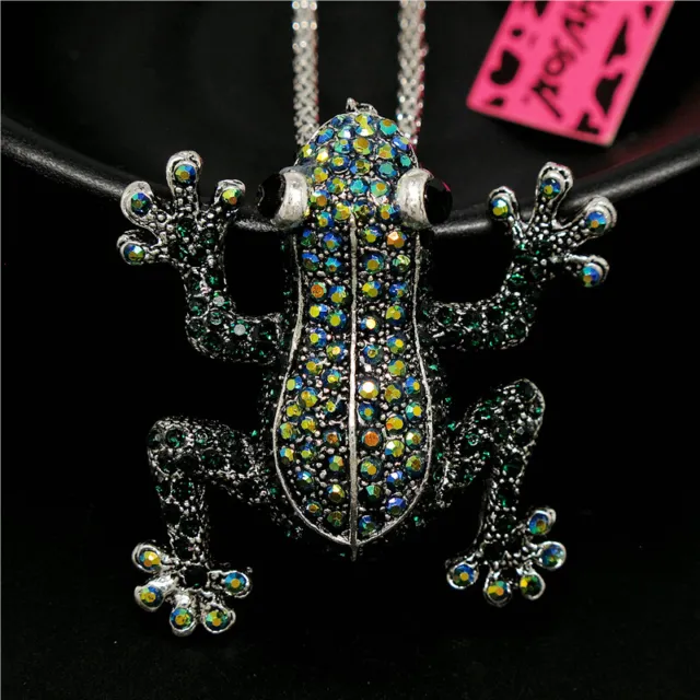 Betsey Johnson Blue Rhinestone Frog Crystal Pendant Sweater Chain Necklace