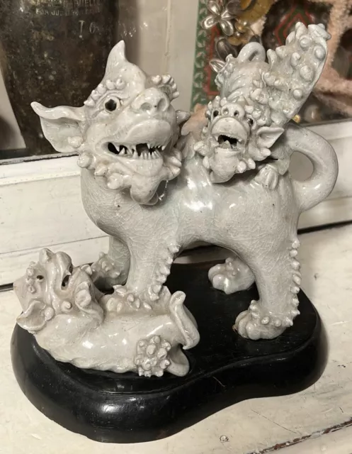 Antique 19th Century Chinese Celadon Porcelain Foo Dogs Statue on Wood Base