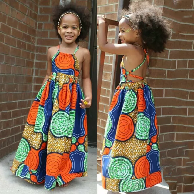 Kid Girls African Dashiki 3D Digital Print Backless Sleeveless Princess Dress UK