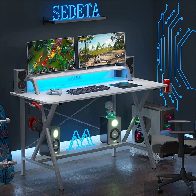 55& GAMING TABLE with Led Lights &PC Stand Shelf Home Office Computer