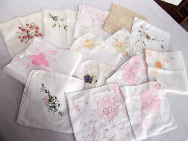 vtg lot 15 hanky pink beige floral embroidered scallop lace applique cut out