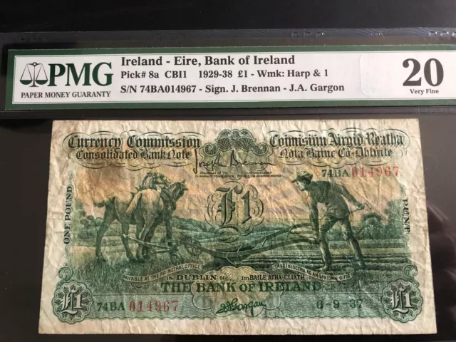 1 pound Ploughman Rep Ireland 6.9.37 Irland Eire Punt PMG 20 VF BoI 014967