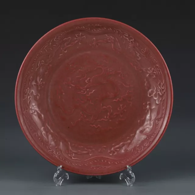 12.7"Old China Porcelain flowBack Sacrificial Red Glazed Dragon Pattern disc13