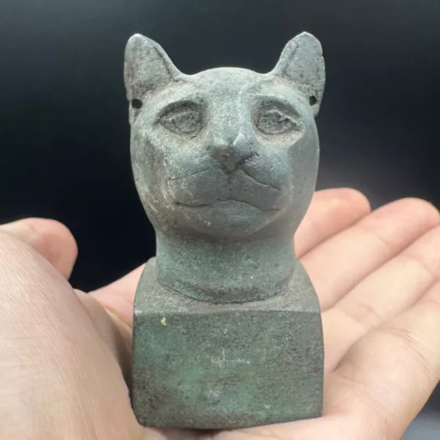 Very Rare Ancient Greek Roman Unique Bronze Cat Head Figure