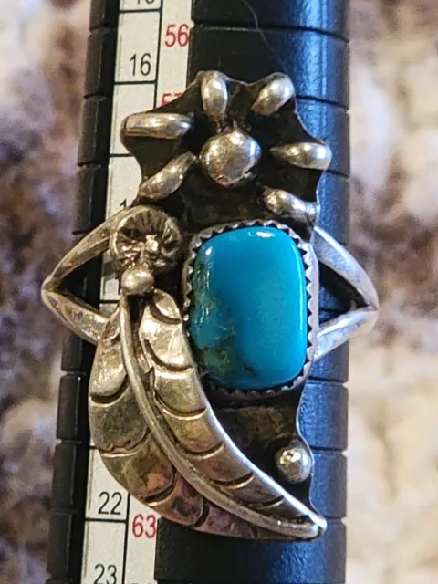 Navajo Turquoise Ring Size 9 Sterling Silver Squash Blossom