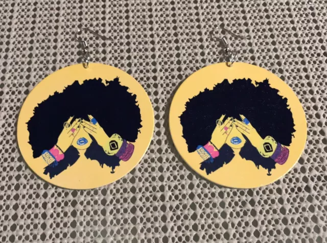 Vintage Afro Girl wood double sided Hoop Ethnic urban Earrings jewerly