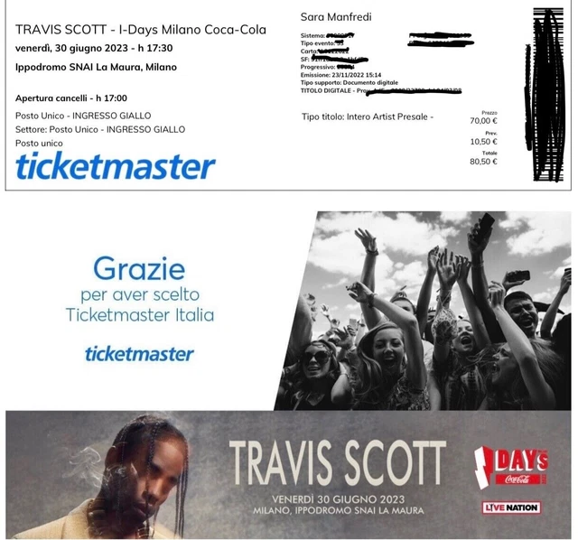 biglietto travis scott concerto 30/06 ippodromo snai ingresso giallo