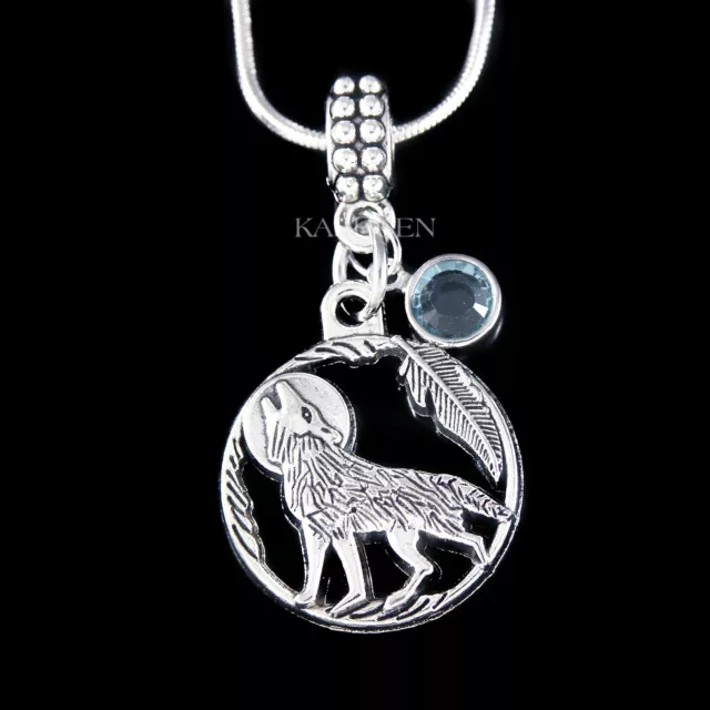 ~Howling Wolf Full Moon Feather Birthstone Necklace Unisex Jewelry Birthday Gift