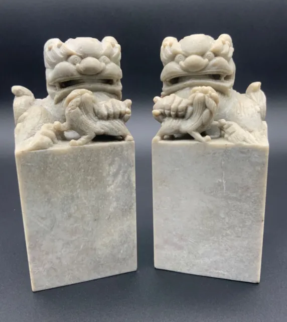 Pair Antique Hand Carved Stone Chinese Foo Dog Bookends Figurines Statues