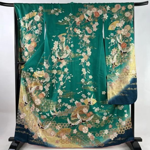 Woman Japanese Kimono Furisode Silk Crane Cherry Blossom Gold Thread Green