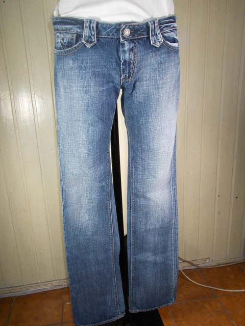 Pantalon Jeans Vintage BE YOU K - Taille Basse Slim, Taille 36 (W28), Modèle Gueno Usé Et Brodé - Occasion Très Bon état