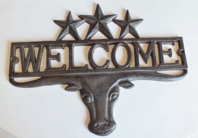 Rustic Western Steer Cast Iron Welcome Texas Stars Plaque Sign Decor 13" Wide