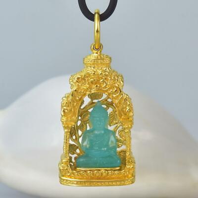Buddha Statue Gold Vermeil Sterling Pagoda Blue Chalcedony Pendant Amulet 15.05g