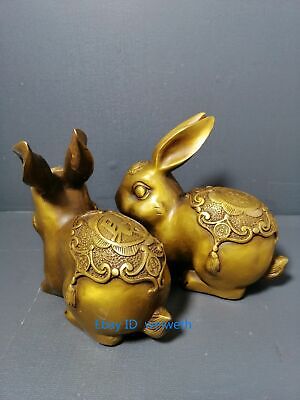 Collection A Pair Chinese Old Tibet Bronze Hand Carved Rabbit Statues