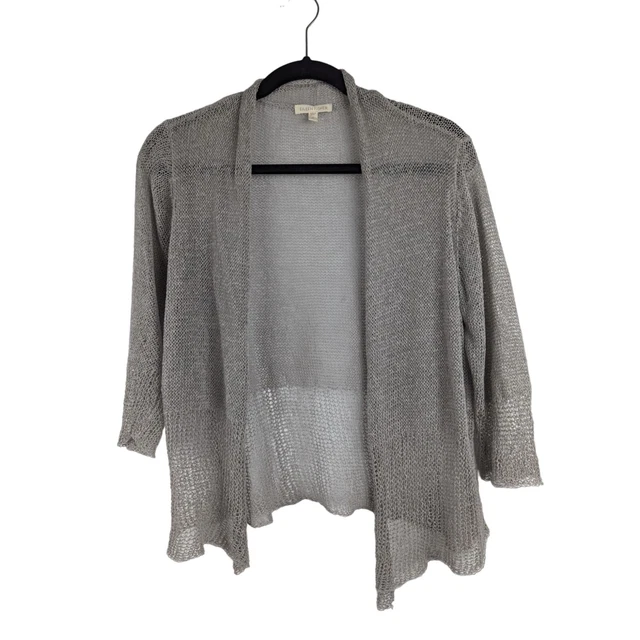 Eileen Fisher Womens Cropped Cardigan Size M Linen Blend Open Knit Open Front
