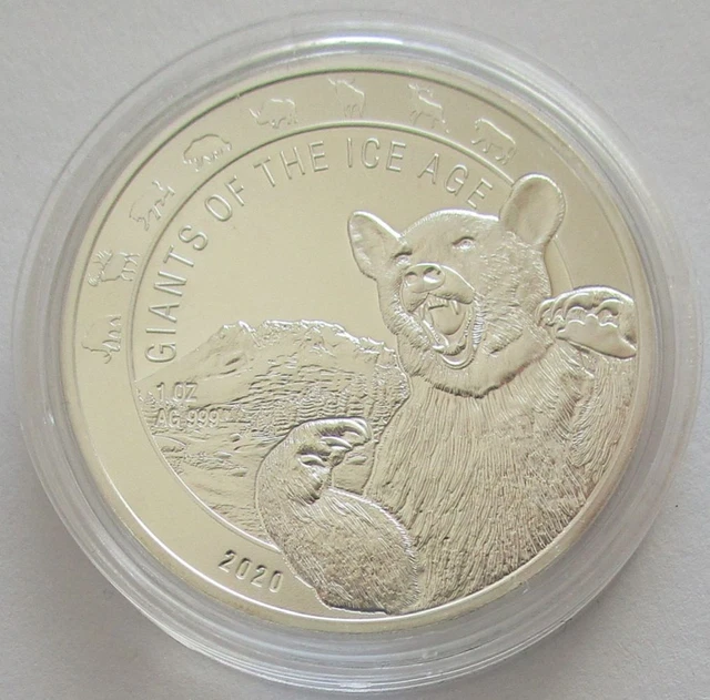 Ghana 5 Cedis 2020 Giants of the Ice Age Cave Bear 1 Oz Silver