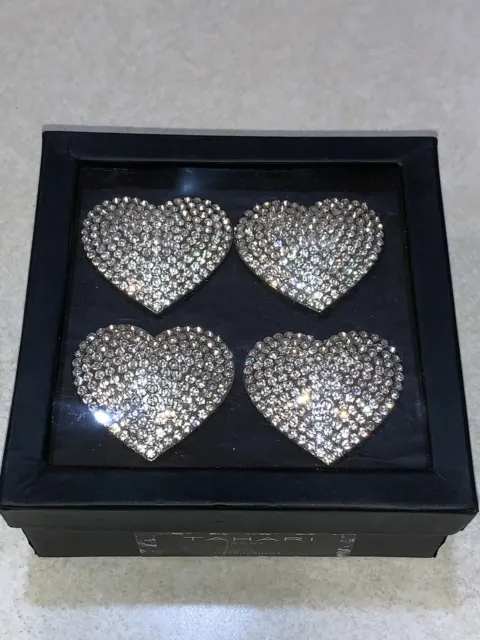 Tahari Home Set of 4 Silver Metal Heart Rhinestone Napkin Rings Valentine New
