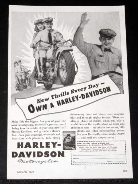 1947 Old Magazine Print Ad, Harley-Davidson Motorcycle, New Thrills Every Day!