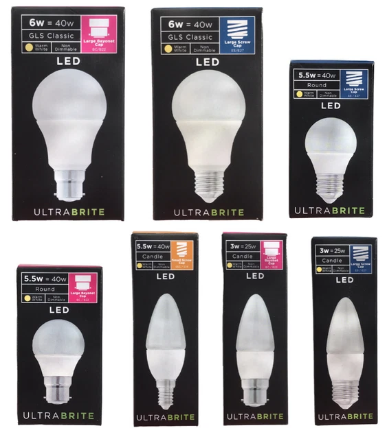 Ultrabite 40w & 25w Led Screw & Bayonet Bulbs Make Selection