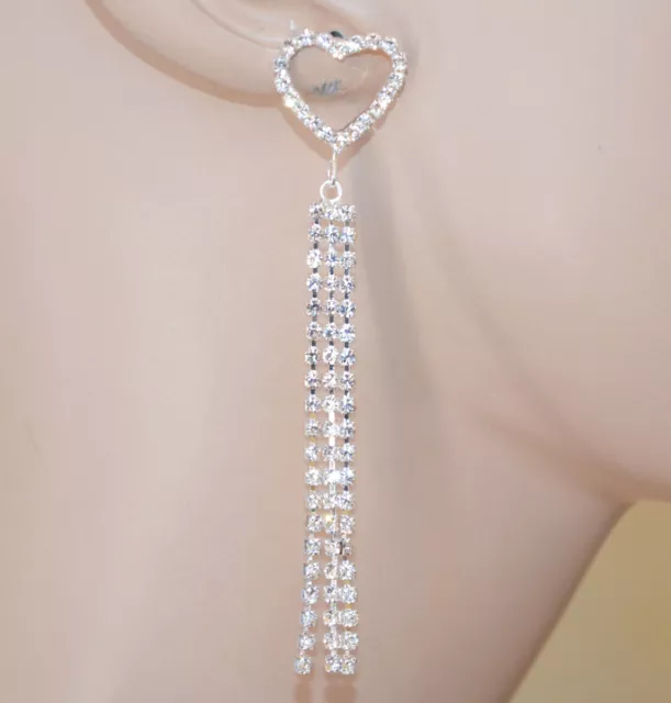 Orecchini donna argento cuore fili lunghi strass pendenti brillantini UP76