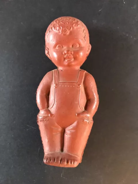 Vintage Doll Rubber Boy in Dungarees Solid Hard Heavy Red Rubber Auburn ? 6" 15c
