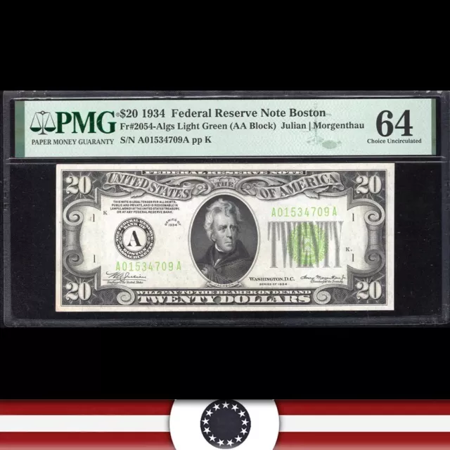 1934 $20 Boston FRN Light Green Seal PMG 64 Fr 2054-A lgs A01534709A