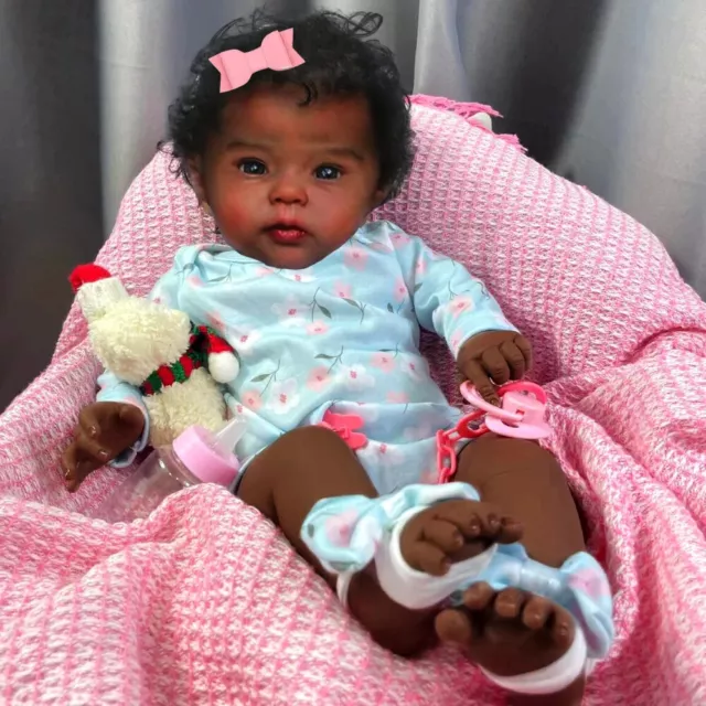 20inch African American Reborn Girl Doll Dark Skin Baby Rooted Hair Handmade Toy