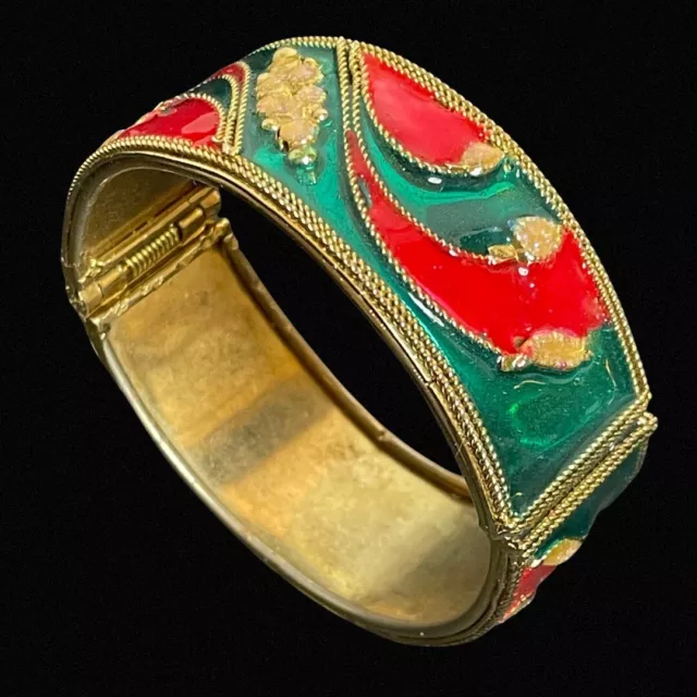 Vintage cloisonné Green, Red & Gold Hinged Enamel Bangle Clamper Bracelet