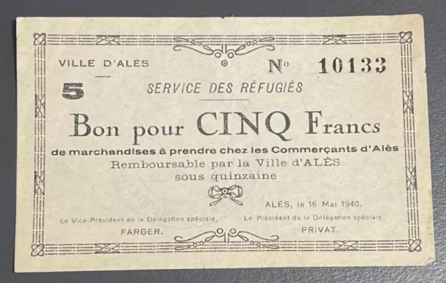 Billet "Bon pour 5 Francs de marchandises", ville d'Alès. Service des réfugiés.