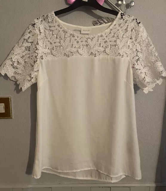 Vila White Lace Detail Chiffon Top/Blouse Size M(10)