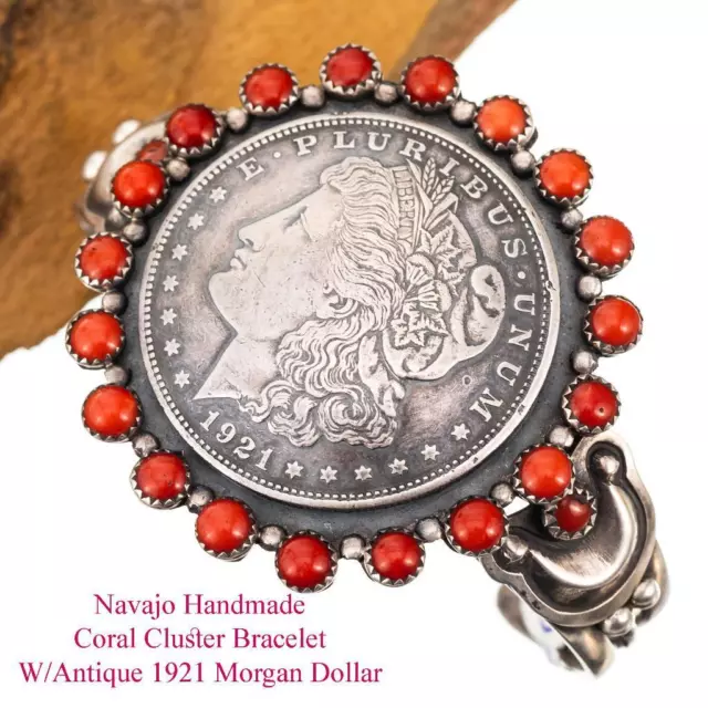 1921 Morgan Dollar COIN Bracelet CORAL Cluster Sterling Silver Buffalo Dancer